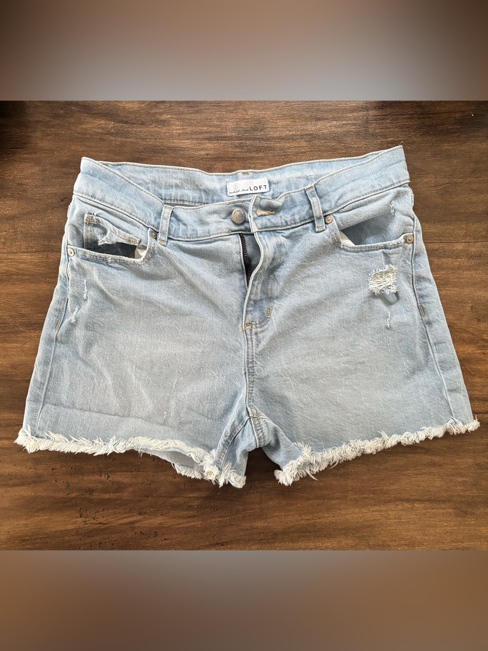 LOFT Light Blue Distressed Denim Shorts with Frayed Hem. Size 4